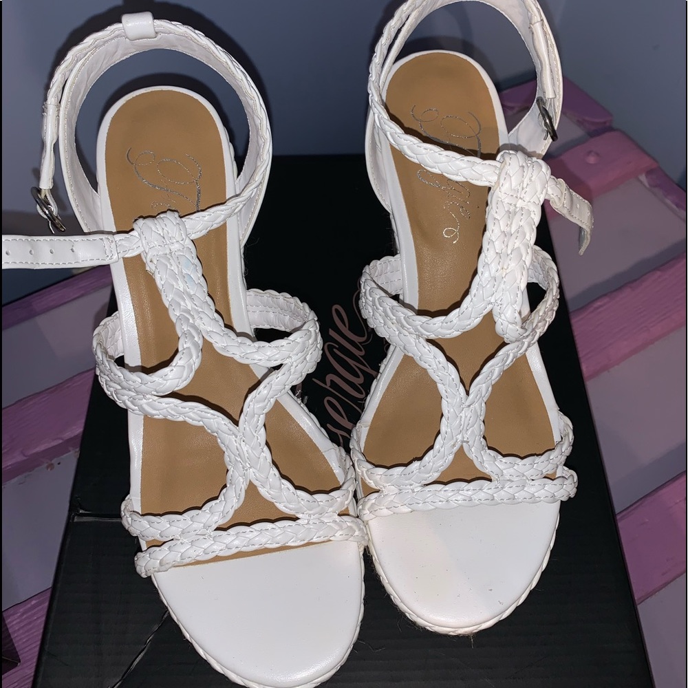 7.5 white Fergie wedge sandals